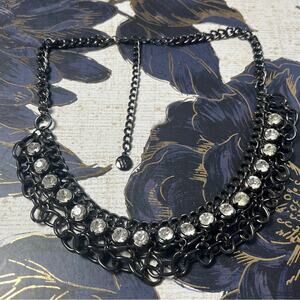 Estate Black Gunmetal Silver and Sparkling Rhinestone Statement Necklace